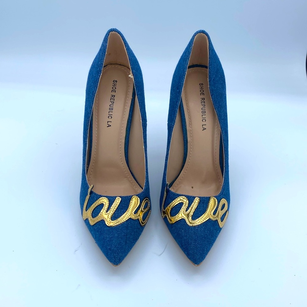 Denim LOVE gold writing heels pump shoe size 8
